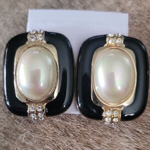Vtg. Black Enamel Clip Earrings Faux Pearl & Rhinestone Accents